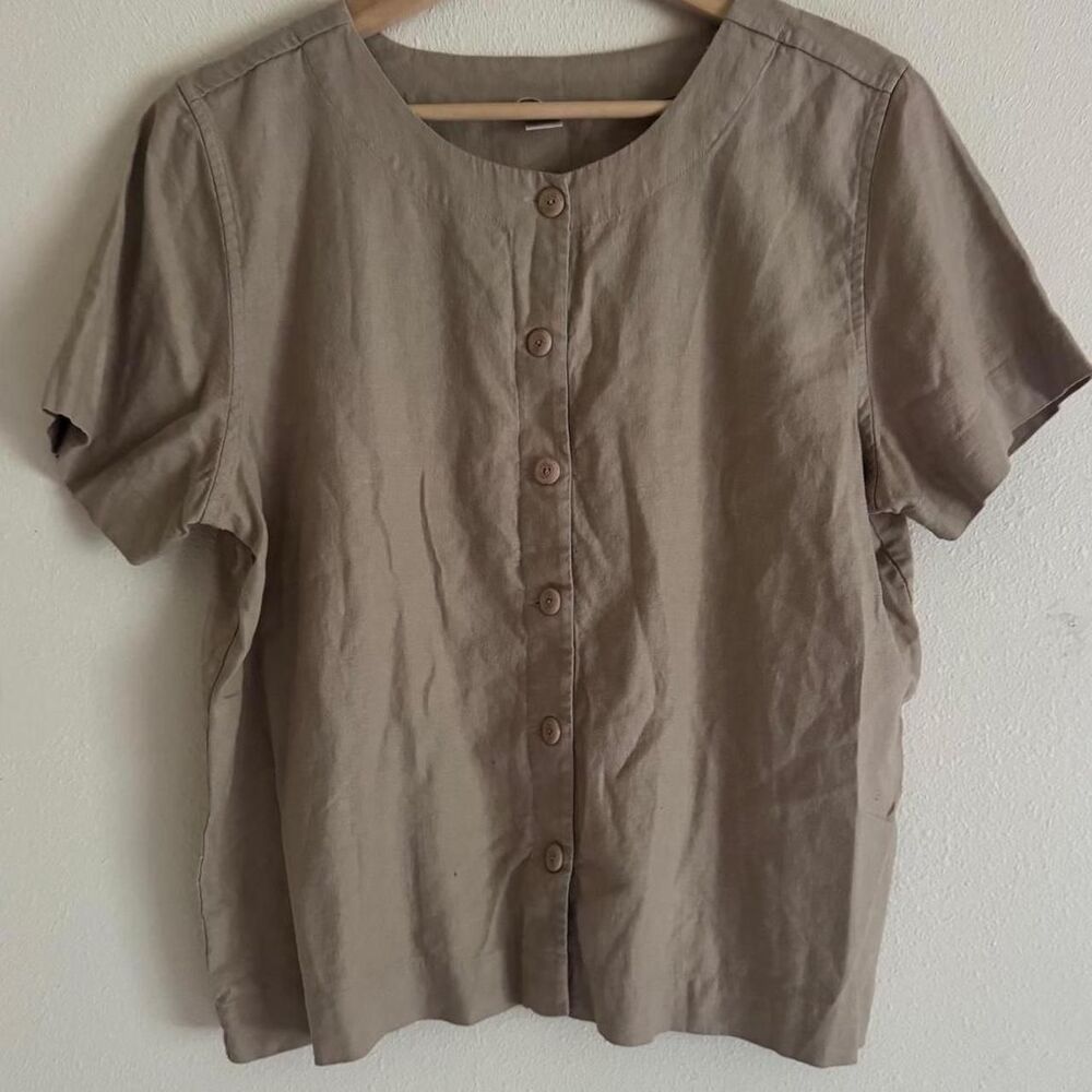 Christopher & Banks Linen Blend Blouse M Taupe Button Front Coastal Minimalist